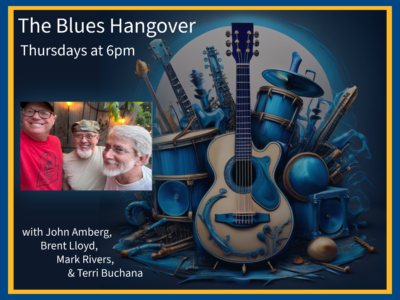 Blues poster with guitar and three musicians