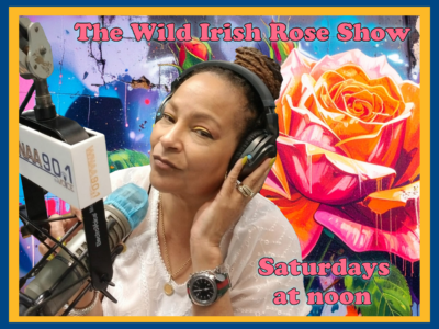 Woman radio host with headphones and rose mural